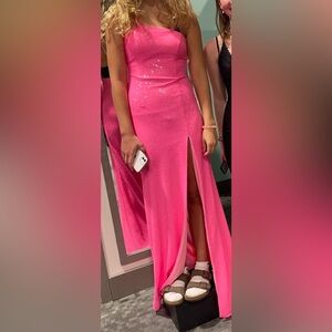 CLARISSE Asymmetric High Slit Long Dress In Bubblegum Pink